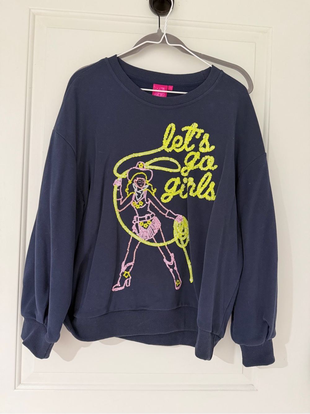 QUEEN OF SPARKLES Navy Graphic Crewneck Sweatshirt with Neon Yellow & Pink